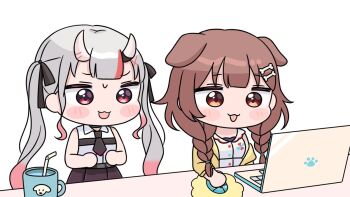 2girls :d animal_ears bendy_straw black_bow black_necktie blush_stickers bone_hair_ornament bow braid brown_eyes brown_hair brown_skirt cartoon_bone chibi collared_shirt commentary_request computer computer_mouse cup dog_ears dress drinking_straw gradient_hair grey_hair hair_bow hair_ornament hair_over_shoulder hololive horns inugami_korone inugami_korone_(1st_costume) jacket laptop long_hair low_twintails mochimiko mug multicolored_hair multiple_girls nakiri_ayame nakiri_ayame_(streetwear) necktie off_shoulder oni open_clothes open_jacket open_mouth pleated_skirt red_eyes red_hair shirt simple_background skirt sleeveless sleeveless_dress sleeveless_shirt smile twin_braids twintails very_long_hair virtual_youtuber white_background white_dress white_shirt x_hair_ornament yellow_jacket