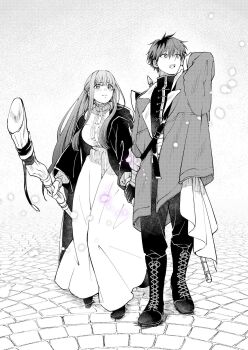 Rule 34 | 1boy, 1girl, arm behind head, black boots, black coat, black jacket, black pants, black roots, blush, boots, breasts, coat, cobblestone, commentary request, dress, fern (sousou no frieren), full body, greyscale, hair between eyes, half updo, highres, holding, holding hands, holding staff, jacket, large breasts, long dress, long hair, looking at another, monochrome, open mouth, osaka n a, pants, screentones, short hair, sidelocks, sousou no frieren, staff, stark (sousou no frieren), teeth, upper teeth only, walking, white dress