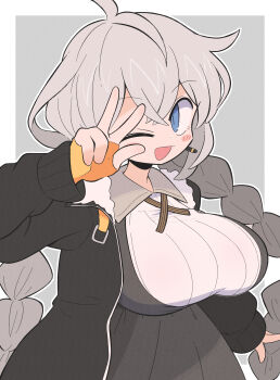 1girl absurdres ahoge arm_up black_jacket blue_eyes blush border braid braided_twintails breasts brown_collar collar commentary_request crossed_bangs dot_nose double-parted_bangs fingerless_gloves floating_hair gloves grey_background grey_hair grey_skirt hair_between_eyes headset highres jacket kizuna_akari kurachi_mizuki large_breasts long_hair long_sleeves looking_at_viewer one_eye_closed open_mouth orange_gloves outline partial_commentary pleated_skirt ribbed_sweater simple_background skirt smile solo sweater upper_body voiceroid w white_border white_outline white_sweater