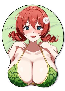 1girl :d absurdres aqua_eyes bikini blush border braid breast_mousepad breasts brown_hair cleavage commentary_request daisy_(flower) emma_verde emma_verde_(kujibikido_swimsuit) flower freckles frilled_bikini frills green_bikini hair_between_eyes hair_flower hair_ornament highres large_breasts looking_at_viewer love_live! love_live!_nijigasaki_high_school_idol_club low_twin_braids mousepad_(medium) open_mouth outline sidelocks signature smile solo swimsuit tarakon teeth twin_braids upper_body upper_teeth_only white_border white_flower