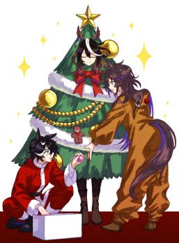 Rule 34 | 3girls, ahoge, animal costume, animal ears, animal hood, antlers, black hair, black pantyhose, blue eyes, boots, breasts, brown boots, brown hair, christmas, christmas ornaments, christmas tree, christmas tree costume, closed eyes, closed mouth, coat, earrings, fake antlers, gingerbread man, hair between eyes, hair ornament, hairclip, highres, holding, hood, hood down, horns, horse ears, horse girl, horse tail, jagaimobeniko, jewelry, katsuragi ace (umamusume), long hair, long sleeves, mr. c.b. (umamusume), multicolored hair, multiple girls, official alternate costume, open mouth, pants, pantyhose, red coat, red nose, red pants, reindeer antlers, reindeer costume, reindeer hood, santa costume, single earring, smile, sparkle, star (symbol), streaked hair, symboli rudolf (christmas emperor tree) (umamusume), symboli rudolf (umamusume), tail, tree costume, umamusume, white hair