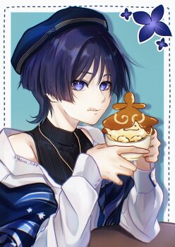 1boy :d animal_print aranara_(genshin_impact) bird_print black_hair black_shirt blue_background blue_hat blue_shawl blunt_ends border bright_pupils casual collared_shirt commentary_request contemporary cup elbow_rest eyeshadow food food_on_face genshin_impact gold_trim hat highres holding holding_cup long_sleeves makeup male_focus official_alternate_costume open_mouth purple_eyes red_eyeshadow ribbed_shirt scaramouche_(genshin_impact) shadow shawl shirt shoulder_peek smile solo tongue tongue_out turtleneck turtleneck_shirt twitter_username wanderer_(genshin_impact) wanderer_(wanderer_impression)_(genshin_impact) white_border white_pupils white_shirt white_sleeves wispy_bangs yozora_9089