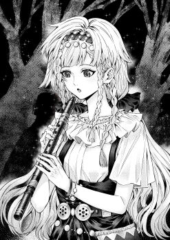 1girl :o absurdres bai_wuya_bu_he_naicha_yo black_background corset flute frilled_shirt_collar frills greyscale hairband hands_up highres holding holding_flute holding_instrument instrument long_hair looking_down low_twintails monochrome quad_braids reverse:1999 rubuska shirt short_sleeves solo tree twintails upper_body