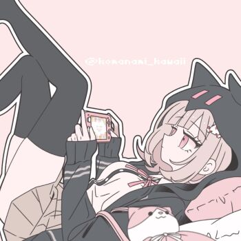 1girl animal_bag bag breasts brown_hair brown_skirt cat_bag collared_shirt danganronpa_(series) danganronpa_2:_goodbye_despair flipped_hair hair_ornament handheld_game_console holding holding_handheld_game_console hood jacket komanami_kawaii legs_up long_sleeves medium_hair nanami_chiaki neck_ribbon open_clothes open_jacket pink_bag pink_eyes pink_ribbon playing_games pleated_skirt ribbon shirt skirt solo thighhighs two-tone_shirt white_shirt