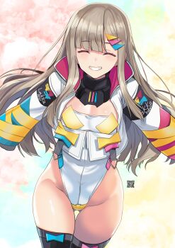 1girl absurdres airport96 alice_gear_aegis black_thighhighs blunt_bangs closed_eyes commentary_request cowboy_shot faceless faceless_male gluteal_fold hair_ornament hairclip heattech_leotard highleg highleg_leotard highres jacket leotard multicolored_jacket outstretched_arms rakuhana_meru smile solo thigh_gap thighhighs turtleneck white_leotard