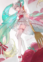Rule 34 | 1girl, absurdres, aqua eyes, aqua hair, aqua nails, artist name, bow, bowtie, closed mouth, commentary, flower, food, fork, frilled thighhighs, frills, fruit, hair between eyes, hair bow, hair flower, hair ornament, hatsune miku, highres, holding, holding fork, long hair, looking at viewer, low-tied long hair, musical note, nail polish, oversized food, oversized object, red bow, red bowtie, red footwear, solo, staff (music), strawberry, strawberry miku (morikura), symbol-only commentary, thighhighs, twintails, very long hair, vocaloid, white thighhighs, wusubamineko, zettai ryouiki