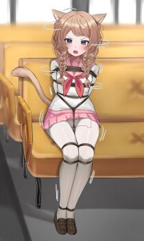1girl angry animal_ear_fluff animal_ears arms_behind_back bdsm bench blue_eyes blush bondage bound bound_arms bound_legs bound_torso braid braided_sidelock breasts brown_hair cat_ears cat_tail crotch_rope female_focus full_body glaring hair_ornament hair_ribbon highres indoors kidnapped kidnapping legs legs_together loli long_hair motion_lines mushi_(insect_3) neckerchief open_mouth original pantyhose pink_skirt public_bondage public_indecency red_neckerchief ribbon sailor_collar sex_toy shaking shaking_head shibari shibari_over_clothes shirt shoes sitting skirt small_breasts solo struggling sweat sweatdrop swept_bangs tail thighhighs thighs tongue twin_braids vibrator vibrator_cord white_pantyhose white_shirt