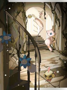 bird blue_eyes commentary_request floating gen_1_pokemon gen_2_pokemon glimmet highres hoppip leaf legendary_pokemon mew_(pokemon) moss mythical_pokemon natu nintendo no_humans overgrown pokemon pokemon_(creature) pokemon_focus reo_(mmocc123) ruins skiploom tail wings yellow_eyes