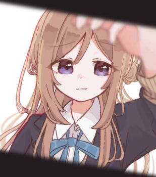 1girl black_jacket blazer blue_eyes blue_ribbon blurry blurry_foreground brown_hair closed_mouth collared_shirt commentary depth_of_field eye_pov gakuen_idolmaster hair_bun hatsuboshi_gakuen_school_uniform highres himesaki_rinami idolmaster jacket long_hair long_sleeves looking_at_viewer mercy_mmzk neck_ribbon pov reaching reaching_towards_viewer ribbon school_uniform shirt single_side_bun solo white_background white_shirt