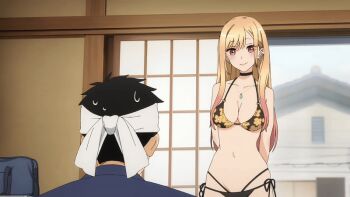 1boy 1girl 2022 20s animated animated_gif bikini black_bikini blonde_hair bracelet breasts choker dancing ear_piercing gojou_wakana grabbing_own_breast jewelry kitagawa_marin large_breasts multicolored_hair necklace piercing red_eyes side-tie_bikini_bottom smile sono_bisque_doll_wa_koi_wo_suru swimsuit tagme two-tone_hair