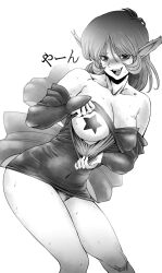 Rule 34 | 1girl, artist request, bare legs, bare shoulders, bishoujo senshi sailor moon, bishoujo senshi sailor moon s, blue eyes, blush, breasts, cleavage, clothes lift, colored skin, covered navel, curvy, daimon (sailor moon), demon girl, dress, dress lift, greyscale, large breasts, looking at viewer, medium hair, monochrome, no bra, open clothes, open mouth, pasties, pointy ears, ribbon, scar (sailor moon), shiny clothes, shiny skin, short dress, solo, standing, star pasties, sweat, sweatdrop, traditional media, wide hips