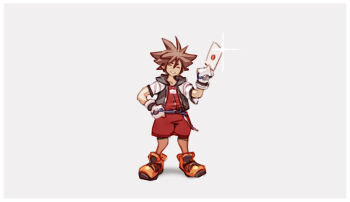 1boy brown_hair closed_eyes commentary cropped_jacket english_commentary fingerless_gloves full_body gloves grey_background highres jewelry kingdom_hearts kingdom_hearts_i letter male_focus necklace nin_nakajima nintendo shoes short_jumpsuit simple_background smash_invitation smile solo sora_(kingdom_hearts) spiked_hair super_smash_bros. white_gloves yellow_shoes
