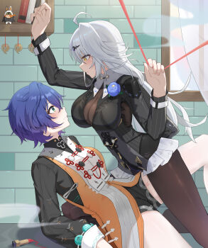 2girls absurdres ahoge belle_(delicate_sunlight)_(zenless_zone_zero) belle_(zenless_zone_zero) black_pantyhose black_shirt black_unitard blue_flower blue_hair blue_rose bodystocking breasts chinese_clothes dress dress_over_shirt flower flower_on_chest hair_ornament highres large_breasts letter_hair_ornament long_hair long_sleeves looking_at_another multiple_girls official_alternate_costume orange_dress pantyhose rose shirt short_hair string w-baiye white_hair white_pantyhose yellow_eyes yixuan_(zenless_zone_zero) yixuan_(trails_of_ink)_(zenless_zone_zero) yuri zenless_zone_zero