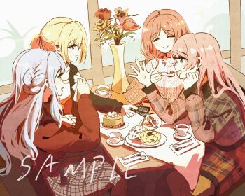 4girls bang_dream! bang_dream!_it's_mygo!!!!! bare_shoulders bead_necklace beads black_jacket blue_hair blush braid cake chihaya_anon closed_eyes closed_mouth colored_eyelashes commentary couple feeding food fork grey_eyes grey_skirt highres holding holding_fork holding_hands indoors interlocked_fingers jacket jewelry long_hair misumi_uika multiple_girls nagasaki_soyo necklace open_mouth pink_hair plaid_clothes plaid_skirt plaid_sweater red_skirt red_sweater sangdingting shirt short_twintails sidelocks sitting skirt sweater symbol-only_commentary togawa_sakiko twintails two_side_up vase white_hair white_shirt white_sweater yuri