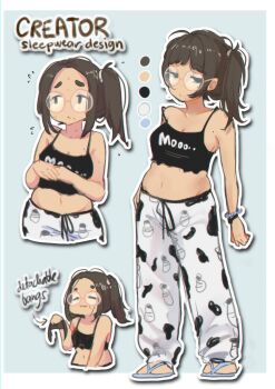 :3 breasts brown_hair creator_(neneneqo) crop_top flip-flops glasses medium_breasts midriff mole mole_on_breast mole_on_stomach mole_under_eye mole_under_mouth navel neqo_(neneneqo) nervous nervous_sweating reference_sheet sandals side_ponytail stomach sweat