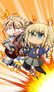 1boy 1girl afterimage ahoge aqua_eyes armor blonde_hair blue_sweater bow bowtie braid chibi chibi_only closed_eyes collared_shirt command_spell commentary_request fate/grand_order fate_(series) game_asset glasses green_skirt guitar hand_tattoo holding holding_guitar holding_instrument holding_tambourine instrument mashin_eiichirou medium_hair midair miniskirt motion_lines multicolored_hair musical_note no_mouth no_pupils official_art open_mouth orange_background over-rim_eyewear playing_instrument pleated_skirt red_bow red_bowtie richard_i_(fate) round_eyewear sajou_ayaka_(fate/strange_fake) semi-rimless_eyewear shirt side_braid skirt streaked_hair sweater tattoo third-party_source v-shaped_eyebrows white_shirt