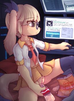 1girl animal animal_ears black_bra black_thighhighs blonde_hair bottle bra brown_eyes brown_fur censored chips_(food) coca-cola computer computer_mouse cyan_(myumon)_(show_by_rock!!) cyan_(show_by_rock!!) desk dog_ears dog_girl dog_tail food furry glasses hairband highres holding holding_bottle looking_at_screen monitor necktie no_panties open_clothes open_shirt orange_necktie otterbox peeing peeing_in_bottle pillow potato_chips pussy retoree_(myumon)_(show_by_rock!!) retoree_(show_by_rock!!) sanrio shirt short_hair short_sleeves show_by_rock!! sitting skirt tail thighhighs underwear white_shirt yellow_skirt