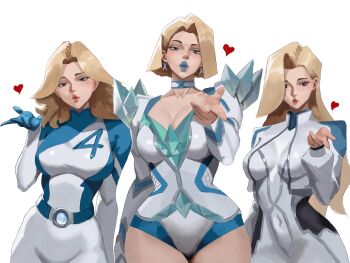 absurdres akinoshi_art blonde_hair blowing_kiss blue_eyes blue_lips breasts cape choker cleavage color_connection dagger_(marvel) earrings elbow_gloves emma_frost fantastic_four female_focus gloves hair_color_connection heart highres jewelry large_breasts leotard lipstick long_hair looking_at_viewer makeup marvel marvel_rivals multicolored_bodysuit navel short_hair smile sue_storm thighs trait_connection two-tone_bodysuit x-men
