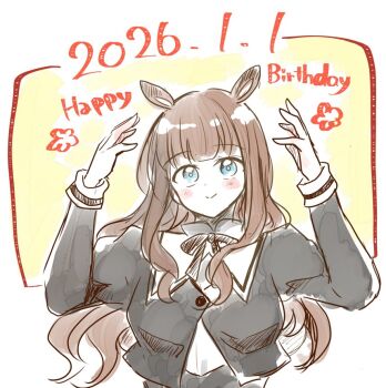 Rule 34 | 1girl, animal ears, arms up, assault lily, black ribbon, blue eyes, blunt bangs, blush, brown hair, closed mouth, commentary request, cropped jacket, dated, happy birthday, horse ears, juliet sleeves, kaede johan nouvel, kemonomimi mode, long hair, long sleeves, looking at viewer, neck ribbon, puffy sleeves, ribbon, school uniform, shindo, shirt, sidelocks, smile, solo, two-tone background, upper body, wavy hair, white background, white shirt, yellow background, yurigaoka girls academy school uniform