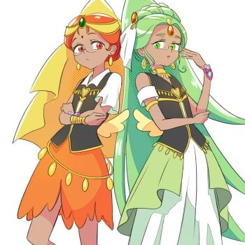 2girls armlet bindi black_vest braid brooch choker closed_mouth commentary_request crossed_arms dark-skinned_female dark_skin earrings emine_mutsu glasses green_eyes green_hair green_haired_cure_(wonderful_net_precure)_(happinesscharge_precure!) happinesscharge_precure! heart heart_brooch international_precure jewelry long_hair long_skirt magical_girl multiple_girls orange_eyes orange_hair orange_haired_cure_(wonderful_net_precure)_(happinesscharge_precure!) orange_skirt precure short_hair simple_background skirt veil very_long_hair vest white_background white_skirt yellow_choker yellow_veil yellow_wings