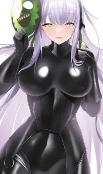 1girl absurdres bodysuit breasts covered_navel fate/grand_order fate_(series) giant giantess green_mask green_ribbon heterochromia highres impossible_bodysuit impossible_clothes impossible_leotard kingprotea_(fate) large_breasts latex latex_bodysuit leotard long_hair looking_at_viewer oxygen_mask_(oxygenmask233) purple_eyes ribbon skin_tight smile solo very_long_hair white_background xochitonal_(fate) yellow_eyes