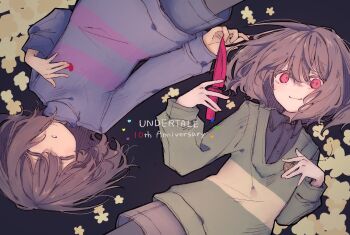 2others anniversary black_shirt blue_sweater chara_(undertale) closed_eyes closed_mouth collared_shirt commentary_request copyright_name double_horizontal_stripe english_text flower frisk_(undertale) green_sweater heart heart_necklace highres holding holding_jewelry holding_necklace jewelry knife multiple_others necklace okura_0915 parted_lips red_eyes rotational_symmetry shirt short_hair single_horizontal_stripe smile striped_clothes striped_sweater sweater undertale utdr_(toby_fox) yellow_flower