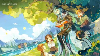 1boy 4girls absurdres antlers aqua_hair bell black_dress black_skirt blue_eyes book brick brown_hair child closed_mouth cloud company_name copyright_notice day dress duet_night_abyss eating faceless faceless_female flower food fruit hair_between_eyes highres holding holding_book holding_food holding_fruit horns lady_nifle_(duet_night_abyss) long_hair long_sleeves mole mole_under_mouth mountainous_horizon multiple_girls no_eyes official_art open_mouth outdoors own_hands_together reading shirt short_hair sitting skirt smile tree veil watermark white_flower white_shirt