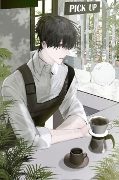 Rule 34 | 1boy, apron, barista, biyoo (omniscient reader's viewpoint), black apron, black eyes, black hair, cafe, coffee, collared shirt, cup, daisy (flower), elbow rest, fern, flower, hayu beck, highres, indoors, kim dokja, male focus, omniscient reader's viewpoint, pitcher (container), shirt, short hair, sleeves rolled up, solo, white shirt