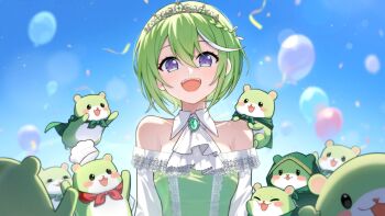 1girl ascot balloon bare_shoulders blush braid brooch cape chef_hat chico_(yuzuha_riko) collar collarbone commentary_request corsetman creature dress gem gradient_eyes green_cape green_dress green_gem green_hair hat highres jewelry korean_commentary multicolored_eyes multicolored_hair off-shoulder_dress off_shoulder open_mouth purple_eyes short_hair sky stellive streaked_hair teeth tiara two-tone_hair upper_teeth_only virtual_youtuber white_ascot white_collar white_hair wing_collar yuzuha_riko