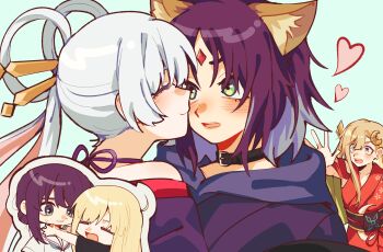 3girls black_choker black_shirt blonde_hair blue_background cho_kaguya-hime! choker closed_eyes closed_mouth commentary forehead_jewel hair_rings heart highres hood hoodie hug japanese_clothes kaguya_(cho_kaguya-hime!) kimono long_hair multiple_girls off_shoulder open_mouth purple_hair purple_hoodie red_kimono runami_yachiyo sakayori_iroha school_uniform serafuku shirt short_hair simple_background white_hair white_shirt yuri zero_(misamxsa08)