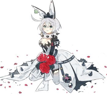 1girl ahoge animal_ear_hairband animal_ears black_dress blue_eyes bouquet breasts cleavage clover clover_hair_ornament collar dress elphelt_valentine fake_animal_ears flower four-leaf_clover full_body guilty_gear guilty_gear_xrd hair_ornament hairband high-low_dress holding holding_bouquet kneeling large_breasts light_blush looking_at_viewer pakashan petals red_flower red_rose ribbon rose short_hair shoulder_spikes simple_background smile solo spiked_collar spiked_dress spikes thighhighs two-tone_dress v_arms white_background white_dress white_hair white_ribbon white_thighhighs