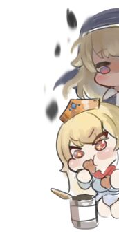 +_+ 2girls blonde_hair blush_stickers chibi dokomon dress eating erpin_(trickcal) food grey_dress habit holding holding_food multiple_girls ner_(trickcal) peeking_out red_eyes simple_background tiara trickcal veil white_background