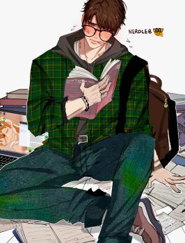 1boy allitems000 backpack bag black-framed_eyewear blue_pants book bracelet brown_hair caleb_(love_and_deepspace) computer denim flying_sweatdrops foot_out_of_frame glasses grey_hoodie hair_between_eyes highres holding holding_book hood hoodie jeans jewelry laptop lipstick_mark lipstick_mark_on_face lipstick_mark_on_neck love_and_deepspace male_focus necklace pants pink_eyes plaid_clothes plaid_shirt reading shirt shoes short_hair sitting sneakers solo white_background