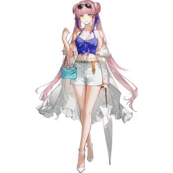Rule 34 | 1girl, arknights, bag, bare shoulders, bead necklace, beads, belt, blue coat, blunt bangs, breasts, camisole, ceylon (arknights), ceylon (holiday) (arknights), cleavage, closed umbrella, coat, crop top, crossed legs, double bun, elbow carry, eyewear on head, full body, hair bun, hand up, handbag, holding, holding umbrella, jewelry, long hair, looking at viewer, medium breasts, midriff, necklace, off shoulder, official alternate costume, official art, open clothes, open coat, orange belt, pink hair, shorts, skade, solo, spaghetti strap, standing, sunglasses, thighs, transparent background, twintails, umbrella, very long hair, watson cross, white footwear, white shorts, yellow eyes