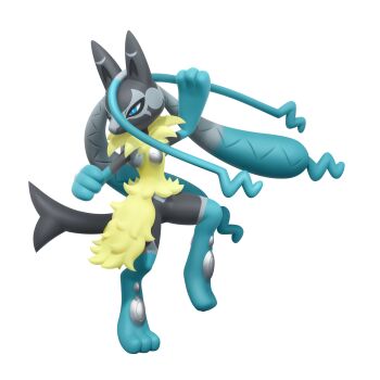 1other 3d absurdres animal_ears aqua_eyes artist_request black_fur blue_eyes blue_fur body_fur bright_pupils full_body furry gen_4_pokemon highres lucario mega_lucario_z mega_pokemon multicolored_fur nintendo official_art outline pokemon pokemon_(creature) pokemon_focus pokemon_legends:_z-a second-party_source solo standing standing_on_one_leg tail transparent_background white_outline white_pupils yellow_fur