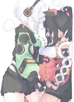 2girls absurdres against_wall anby_demara animal_ear_fluff animal_ears bare_shoulders black_hair black_skirt blush braid braided_sidelock breasts cat_ears cat_girl cat_tail clothing_cutout commentary_request corset detached_sleeves female_masturbation fingering fingering_through_clothes fingerless_gloves from_side glove_cutout gloves green_jacket green_sleeves grey_hair hairband headphones heart highres invisible_wall jacket leg_between_thighs masturbation mocamocaink multicolored_sleeves multiple_girls multiple_tails nekomiya_mana no_eyes open_mouth ponytail pussy_juice red_corset red_hairband red_sleeves short_hair simple_background skirt small_breasts steam sweat tail through_clothes twitching two_tails upper_body white_background yuri zenless_zone_zero