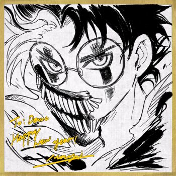 1boy artist_name black_hair commentary_request dandadan facial_mark furrowed_brow glasses happy_new_year highres male_focus mouyi multicolored_hair new_year parted_bangs round_eyewear short_hair sketch solo takakura_ken_(dandadan) takakura_ken_(transformed)_(dandadan) teeth transformation two-tone_hair upper_body white_hair yellow_background
