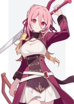 1girl arm_up border braid breasts cleavage closed_mouth commentary_request dress dual_wielding grey_background hair_between_eyes hijiri_(resetter) holding holding_sword holding_weapon long_sleeves looking_at_viewer medium_breasts original pink_hair red_eyes smile solo sword weapon white_border white_dress