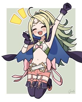 1girl absurdres ahoge arm_up armpits bandeau belt black_boots black_cape black_gloves blush boots bow cape circlet clenched_hands closed_eyes commentary_request fang fire_emblem fire_emblem_awakening flat_chest full_body garloo garter_straps gloves green_bandeau green_hair heart_pendant highres inktober jumping long_hair midriff navel nintendo notice_lines nowi_(fire_emblem) open_mouth parted_bangs partial_commentary pink_bow pink_shorts pink_thighhighs pointy_ears ponytail short_shorts shorts sidelocks signature smile solo teeth thigh_boots thighhighs upper_teeth_only white_arm_warmers white_belt