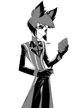 1boy :3 absurdres alastor_(hazbin_hotel) animal_ears antlers bow bowtie brooch closed_mouth coat colored_sclera colored_tips commentary_request contrapposto cowboy_shot deer_antlers deer_boy deer_ears eyeshadow fewer_digits greyscale halftone hazbin_hotel hellaverse high_contrast highres holding holding_staff horns jewelry lapels looking_at_viewer makeup male_focus menma_(enaic31) monochrome monocle multicolored_coat multicolored_hair pants shirt short_hair signature simple_background solo staff standing striped_coat traditional_bowtie turtleneck turtleneck_shirt two-tone_coat two-tone_hair vertical-striped_coat white_background