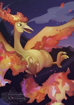bird black_eyes bright_pupils claws cloud commentary fire gen_1_pokemon highres legendary_pokemon moltres nintendo no_humans open_mouth pokemon pokemon_(creature) rakkonokawa sky solo symbol-only_commentary white_pupils