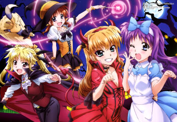 Rule 34 | 4girls, :d, ;d, absurdres, alice (alice in wonderland), alice (alice in wonderland) (cosplay), arisa bunnings, bat (animal), blonde hair, breasts, brown hair, cape, cleavage, cosplay, fake horns, fangs, fate testarossa, ferret, full moon, grin, halloween, halloween costume, hat, high collar, highres, horns, lipstick, long hair, long sleeves, low twintails, lyrical nanoha, mahou shoujo lyrical nanoha, mahou shoujo lyrical nanoha the movie 3rd: reflection, makeup, megami magazine, moon, multiple girls, night, official art, one eye closed, open mouth, puffy sleeves, purple hair, smile, star (sky), takamachi nanoha, thighhighs, tree, tsukimura suzuka, twintails, two side up, vampire costume, witch hat, yuuno scrya