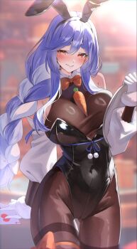 1girl animal_ears between_breasts black_bodysuit blue_hair bodysuit braid braided_ponytail breasts carrot covered_navel detached_collar gloves highres hololive large_breasts leotard long_hair mature_female multicolored_hair pekomama pendora1022 playboy_bunny rabbit_ears rabbit_girl short_eyebrows solo thick_eyebrows two-tone_hair virtual_youtuber white_gloves white_hair