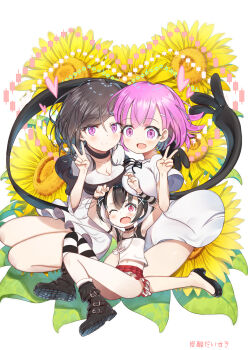 3girls black_hair breasts commentary_request dress floral_background flower food fukuga_kurumi full_body fx_senshi_kurumi-chan hair_ornament hairpin heart highres knees_to_chest kogane_mochiko legs_together looking_at_viewer medium_breasts multiple_girls neck_ribbon pink_hair plaid_clothes plaid_skirt ribbon shoes short_dress short_hair short_sleeves sitting skirt smile squatting straddling sunflower takane_yasuko tank_top tansan_daisuki v white_dress x_hair_ornament