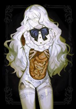 1girl amputee bow bowtie commentary cowboy_shot double_amputee english_commentary exposed_bone exposed_gusset hair_between_eyes highres intestines light_smile liver long_hair looking_at_viewer mechabare mei_mezu one_eye_closed one_eye_covered original ribs severed_arm severed_limb solo stomach thighhighs very_long_hair wavy_hair white_hair white_thighhighs zettai_ryouiki