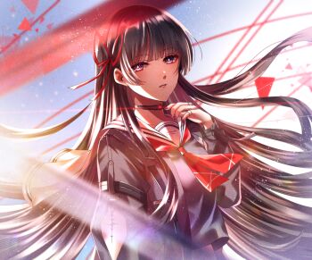 1girl arm_cutout black_choker black_hair black_jacket black_shirt breasts chisa_(wuthering_waves) choker clothing_cutout commentary fingernails hair_ribbon hand_up jacket long_hair long_sleeves looking_at_viewer mady_(madine08260) medium_breasts neckerchief parted_lips red_eyes red_nails red_neckerchief red_ribbon ribbon sailor_collar shirt solo tacet_mark_(wuthering_waves) upper_body white_sailor_collar wuthering_waves