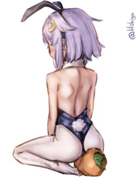 1girl absurdres alternate_costume animal_ear_hairband animal_ears black_leotard carrot crescent crescent_hair_ornament detached_collar fake_animal_ears from_behind hair_ornament hairband highres kantai_collection leotard lilshigu loli one-hour_drawing_challenge pantyhose playboy_bunny purple_hair rabbit_ears rabbit_tail short_hair_with_long_locks simple_background sitting solo strapless strapless_leotard tail twitter_username white_background white_pantyhose yayoi_(kancolle)
