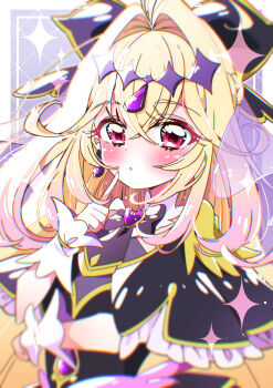 1girl :o absurdres antenna_hair artist_name black_bow black_bowtie black_capelet black_dress blonde_hair blurry bow bowtie brooch capelet commentary cure_arcana_shadow diamond_hairband dress earrings finger_to_face frilled_capelet frilled_cuffs frills gradient_hair hair_bow hair_intakes heart heart_brooch highres jewelry long_hair looking_at_viewer magical_girl meitantei_precure! moria_luluka multicolored_hair parted_lips pixiv_username potacure precure purple_eyes purple_veil solo sparkle twitter_username upper_body veil