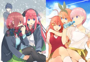 1boy 5girls :o ;o ahoge antenna_hair black_cardigan black_hair black_ribbon black_socks blazer blue_cardigan blue_eyes blue_sky blunt_bangs bottle breasts brown_hair butterfly_hair_ornament cardigan cardigan_around_waist clothes_around_waist cloud cloudy_sky coat collarbone collared_shirt commentary_request covering_own_mouth cupping_hands day drink earmuffs eyebrows_hidden_by_hair go-toubun_no_hanayome green_hairband green_ribbon green_skirt grey_coat hair_between_eyes hair_intakes hair_ornament hair_ribbon hairband haruba_negi holding holding_bottle hug jacket kneehighs large_breasts lens_flare light_purple_hair long_hair long_sleeves looking_at_another multicolored_nails multiple_girls nail_polish nakano_ichika nakano_itsuki nakano_miku nakano_nino nakano_yotsuba official_art one_eye_closed open_cardigan open_clothes open_jacket open_mouth orange_hair own_hands_together pantyhose pink_hair plaid_clothes plaid_scarf pleated_skirt quintuplets red_hair red_sweater ribbon scarf school_uniform shared_clothes shared_scarf shirt shirt_tug short_sleeves siblings sidelocks sisters sitting skirt sky socks split_screen standing star_(symbol) star_hair_ornament summer sweater sweater_vest two_side_up uesugi_fuutarou white_legwear white_shirt winter