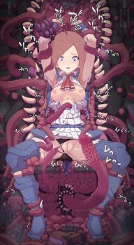 1girl absurdres arms_up ascot black_panties blue_capelet blue_eyes blue_thighhighs blush breasts brown_hair capelet castlevania:_portrait_of_ruin castlevania_(series) charlotte_aulin cleft_of_venus highres infraton large_variant_set long_hair nipples one_eye_closed panties pussy red_ascot restrained shirt sitting skirt tentacles tentacles_under_clothes thighhighs underwear variant_set white_shirt